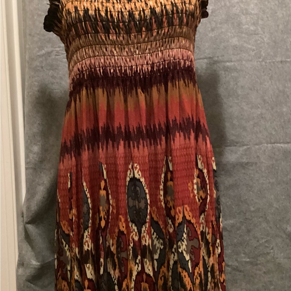 WinWin Rust, Gold and Black Smocked Boho Maxi Dress C19
